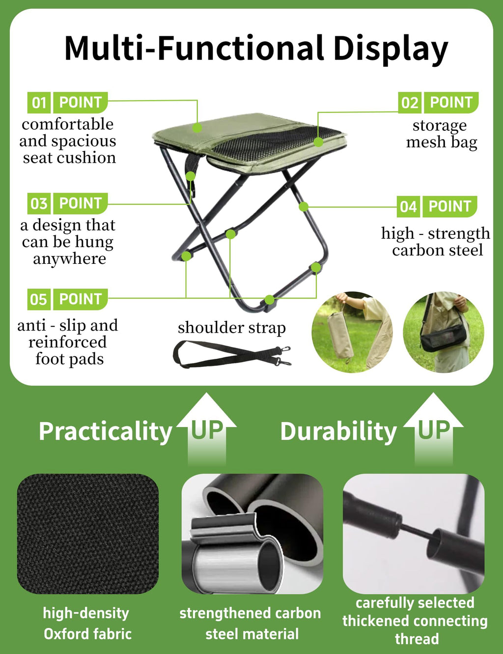 Green Portable Folding Chair – Compact Outdoor Stool for Camping, Fishing & Hiking | Lightweight Collapsible Seat with Carry Bag | Durable Steel Frame | Other Colours Available In-Store