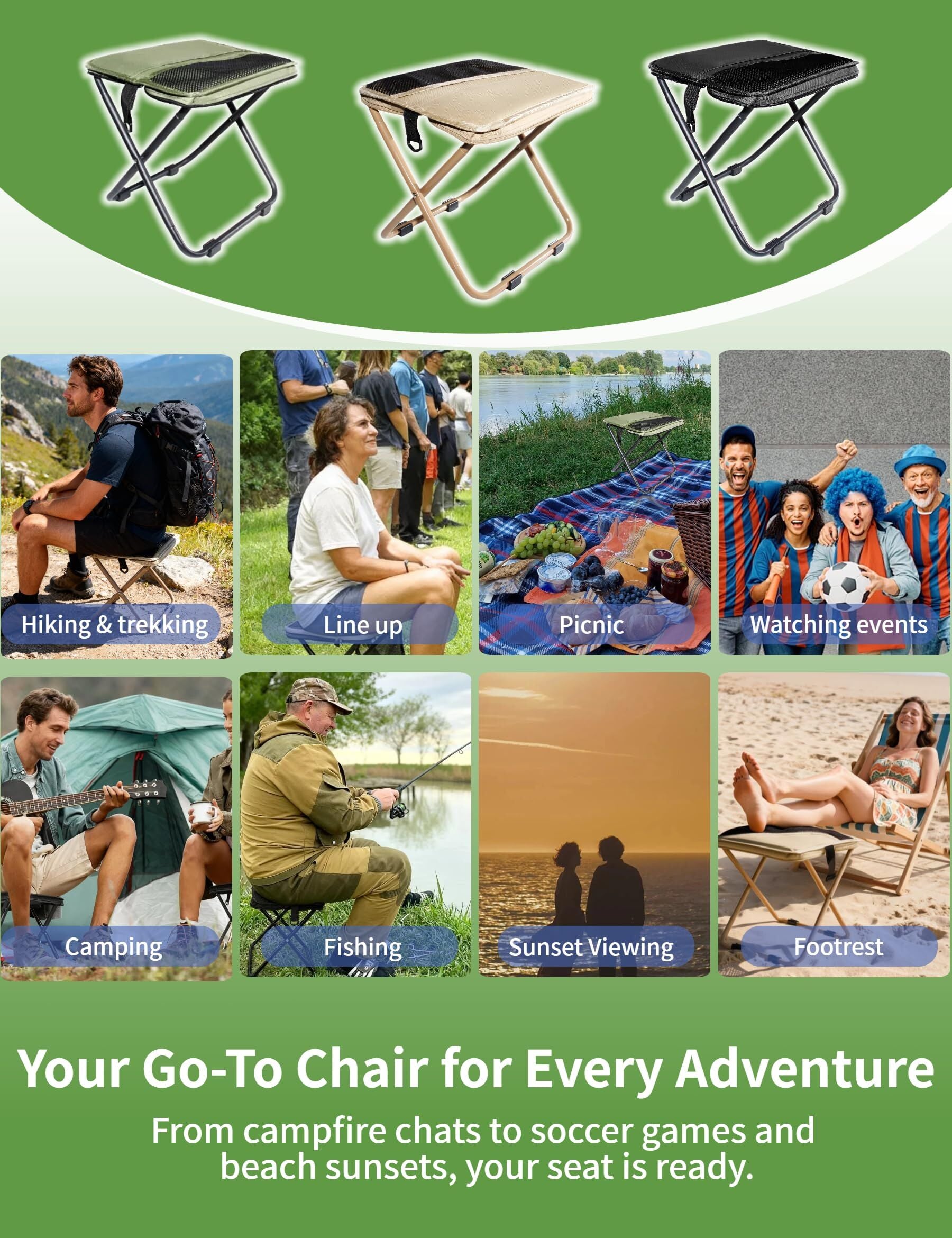 Green Portable Folding Chair – Compact Outdoor Stool for Camping, Fishing & Hiking | Lightweight Collapsible Seat with Carry Bag | Durable Steel Frame | Other Colours Available In-Store