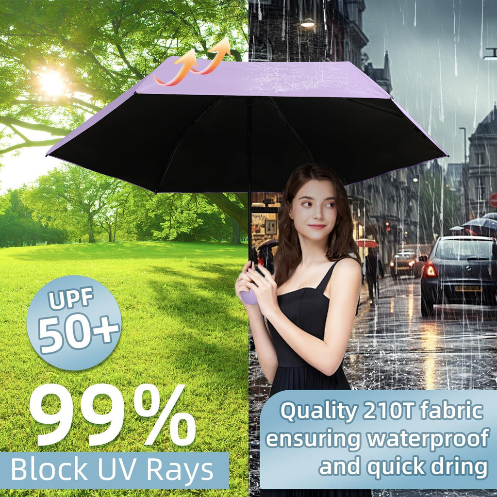 Mini Travel Umbrella – Compact Sun & Rain Protection for Women, Kids | UV-Blocking Pocket Umbrella with Case | Lightweight Foldable Umbrella（purple）