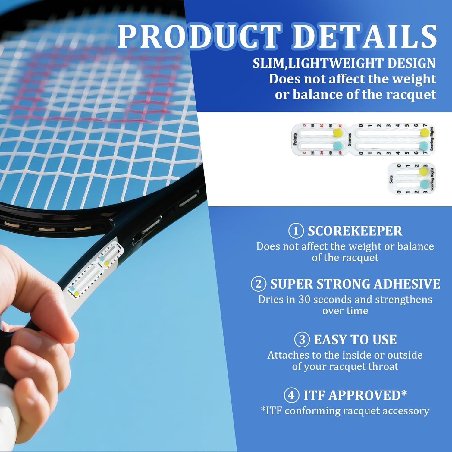 Tennis Racket Scorekeeper 2-Pack in White – Dual Portable Score Trackers for Points, Games & Sets | Other Colours Available In-Store