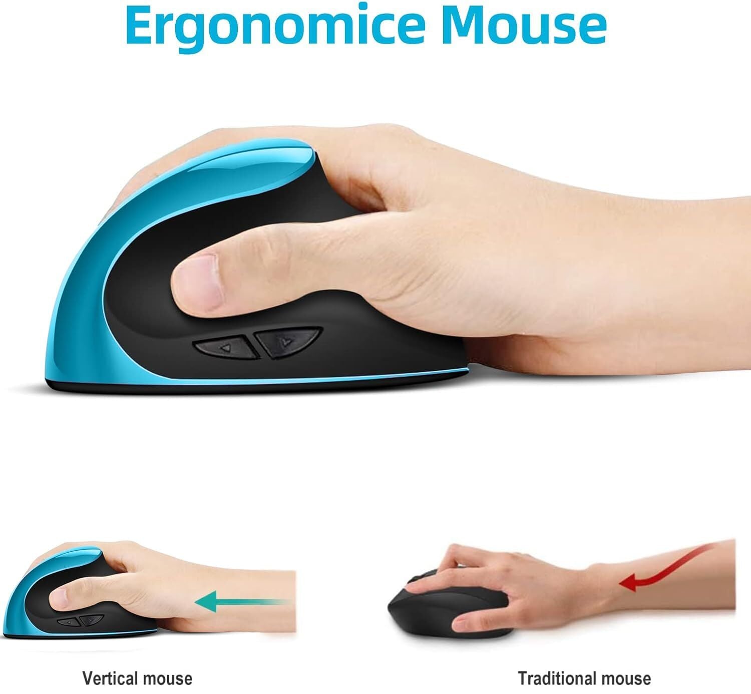 Blue Ergonomic Wireless Vertical Mouse (Small Hand-Friendly): USB-C Rechargeable, 2.4G 3-DPI, Reduce Wrist Strain (Right-Handed)