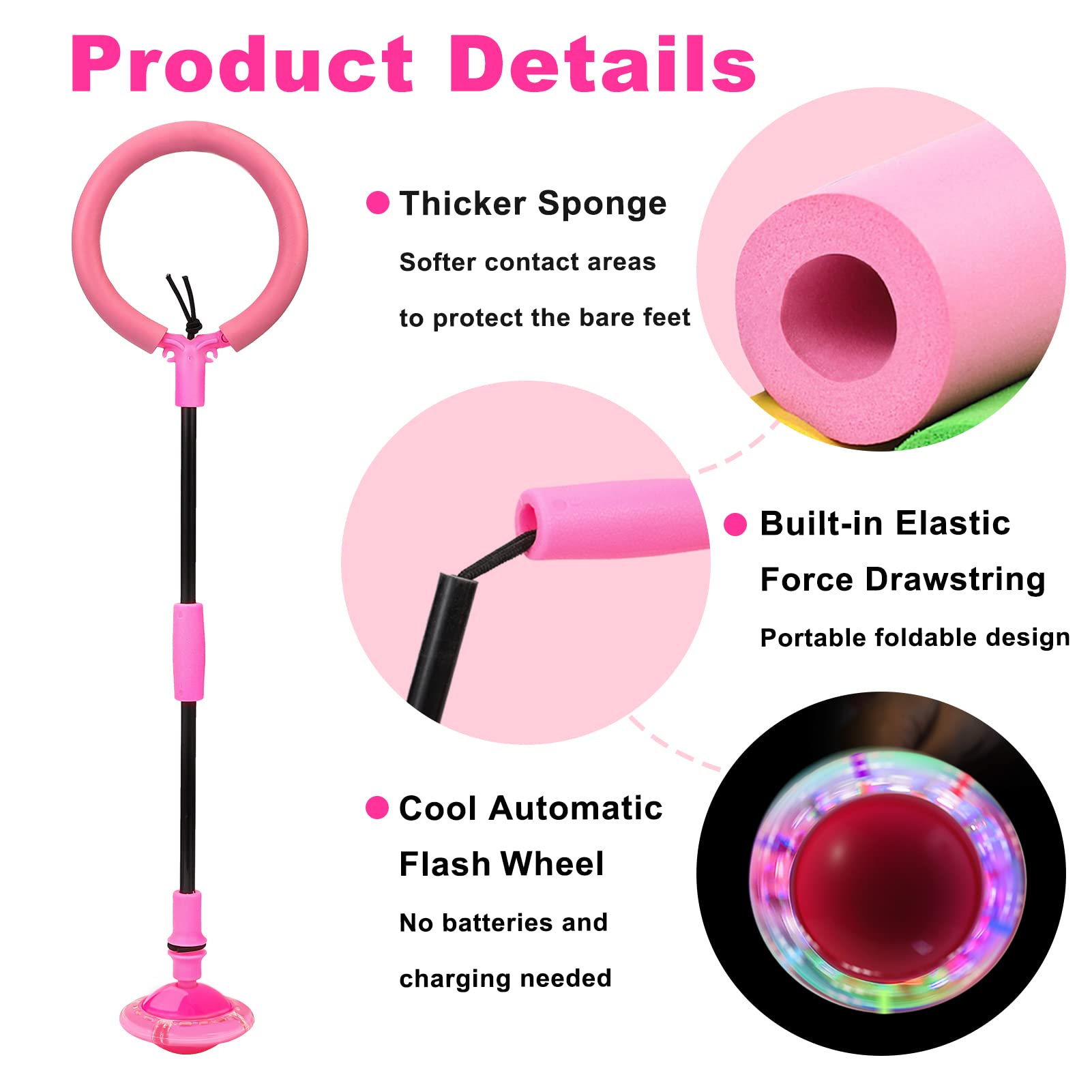 Skip Ball for Kids, Portable Foldable Colorful Flash Wheel Swing Ball Sports Fitness Toys for Girls & Boys, Toy for Kids & Adults. Gifts for Mom Women & Girls Toys Age 5-10 Years (Pink)