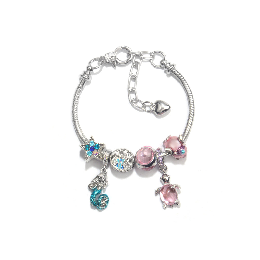 Rhinestone Star Alloy Bracelet with Mermaid & Turtle Charms Cute Pig & Glass Beads Jewelry(16cm)