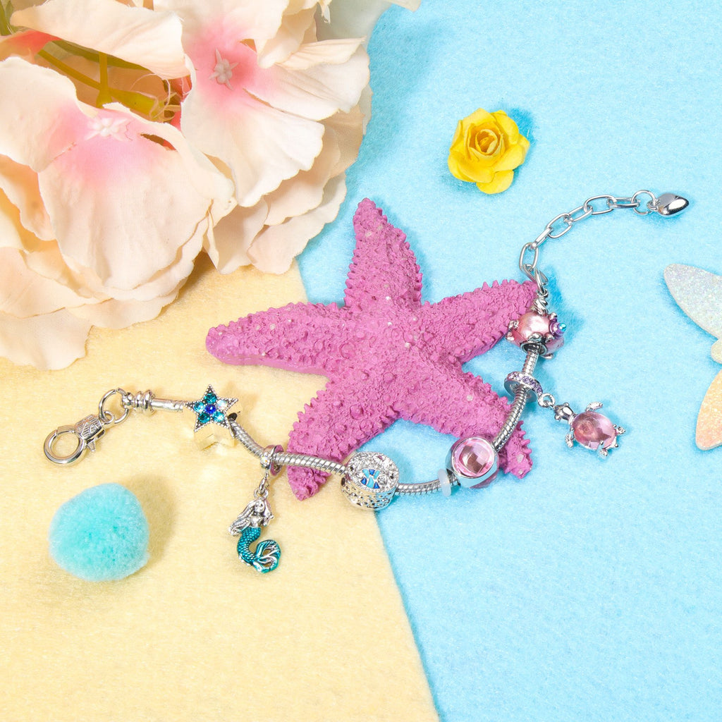 Rhinestone Star Alloy Bracelet with Mermaid & Turtle Charms Cute Pig & Glass Beads Jewelry(17cm)