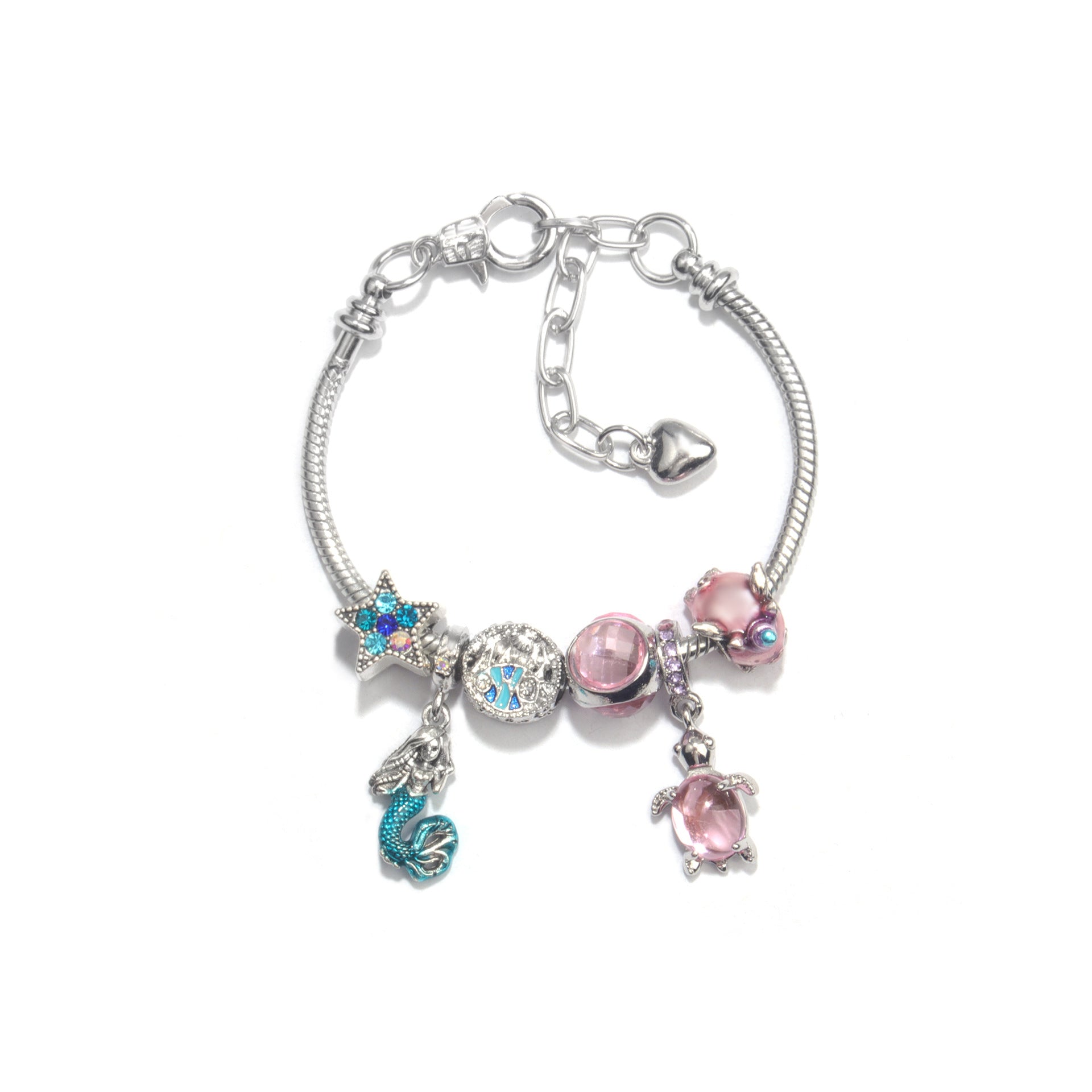 Rhinestone Star Alloy Bracelet with Mermaid & Turtle Charms Cute Pig & Glass Beads Jewelry(18cm)