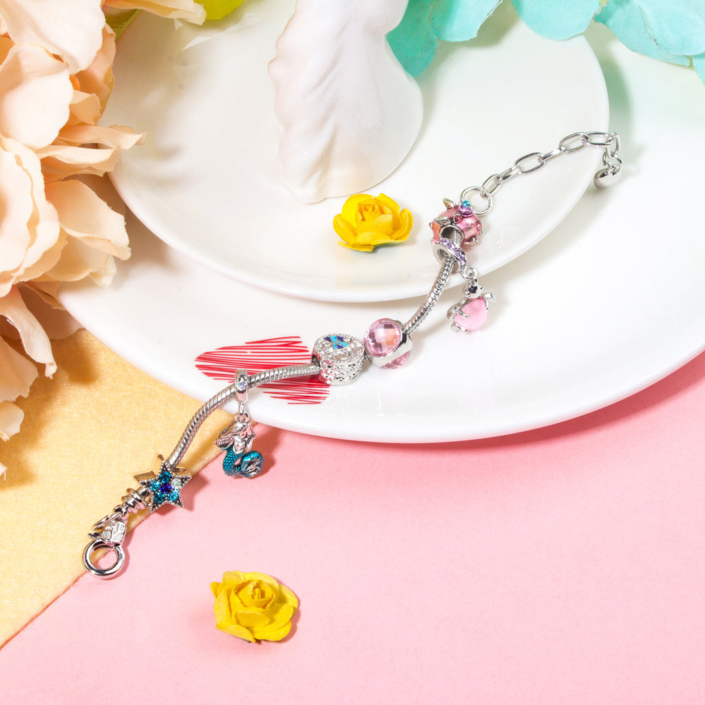 Rhinestone Star Alloy Bracelet with Mermaid & Turtle Charms Cute Pig & Glass Beads Jewelry(20cm)
