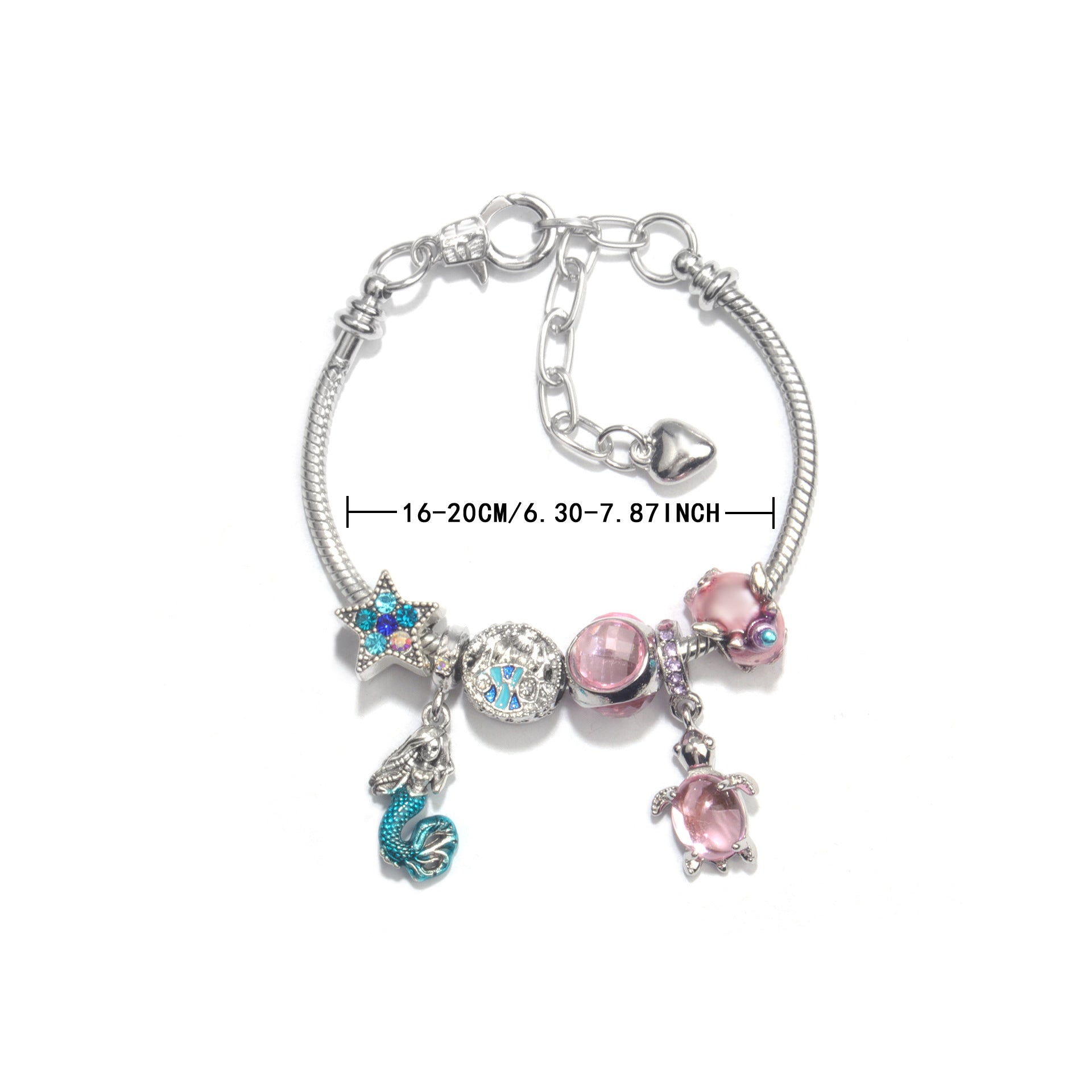 Rhinestone Star Alloy Bracelet with Mermaid & Turtle Charms Cute Pig & Glass Beads Jewelry(20cm)