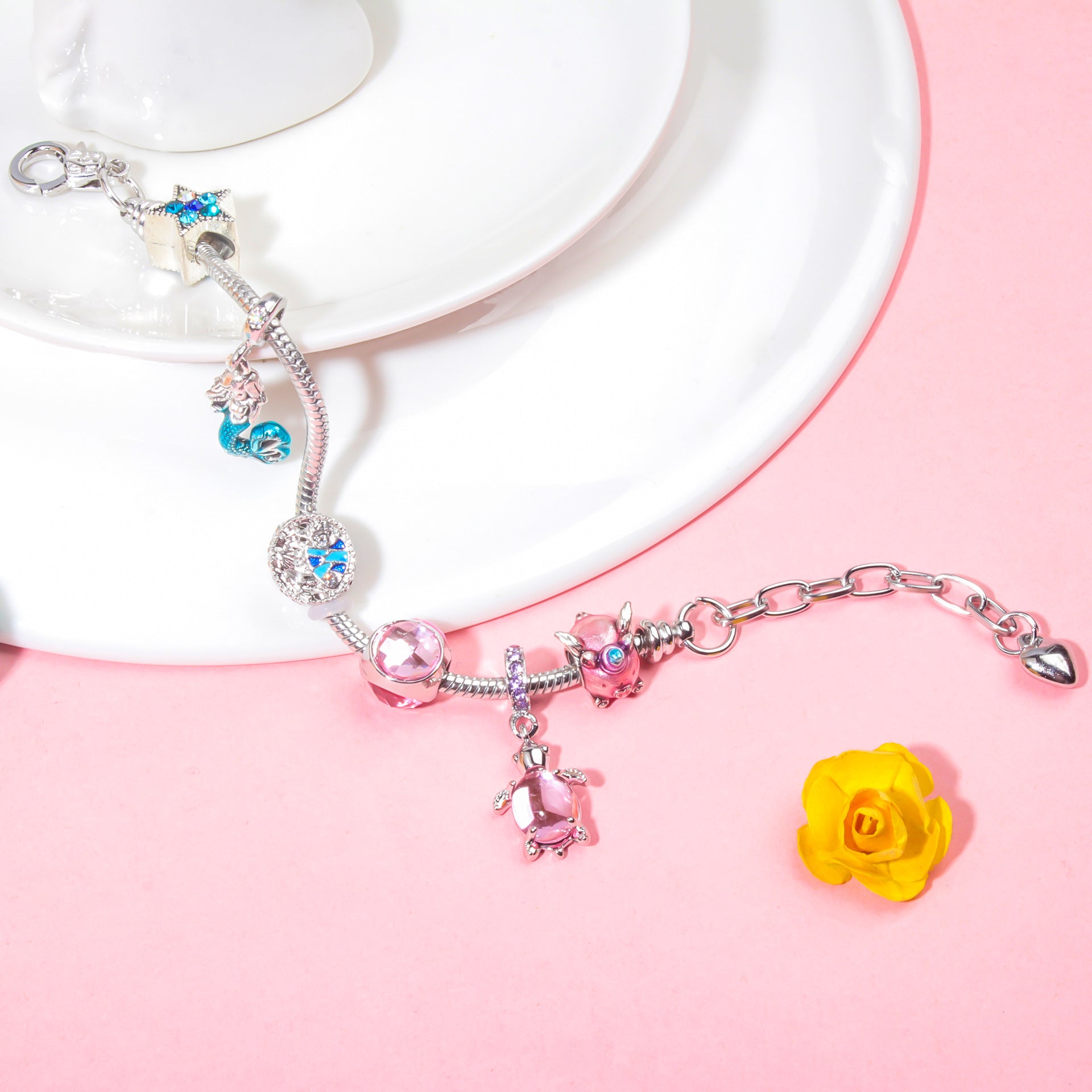 Rhinestone Star Alloy Bracelet with Mermaid & Turtle Charms Cute Pig & Glass Beads Jewelry(21cm)