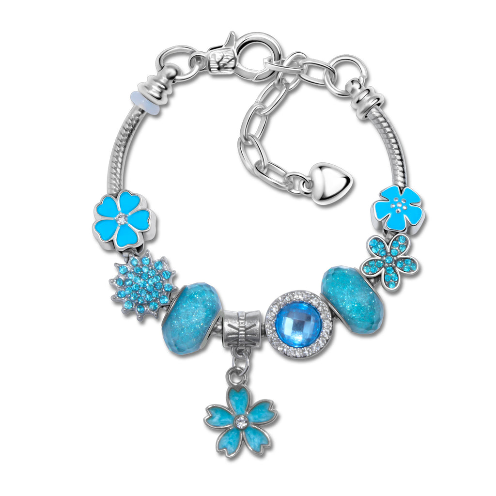 Blue Magnolia Alloy Bracelet with Rhinestones & Glaze Beads(16cm)