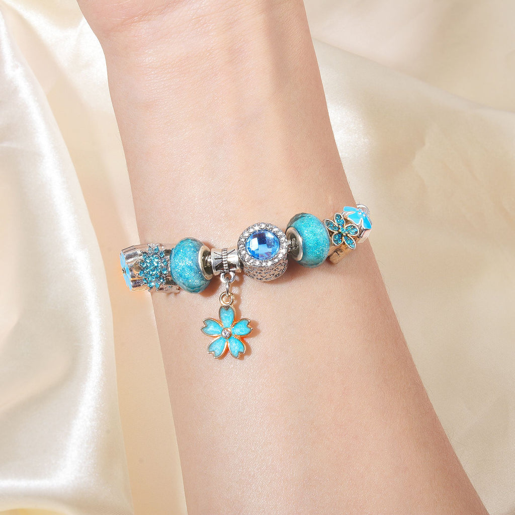 Blue Magnolia Alloy Bracelet with Rhinestones & Glaze Beads(16cm)