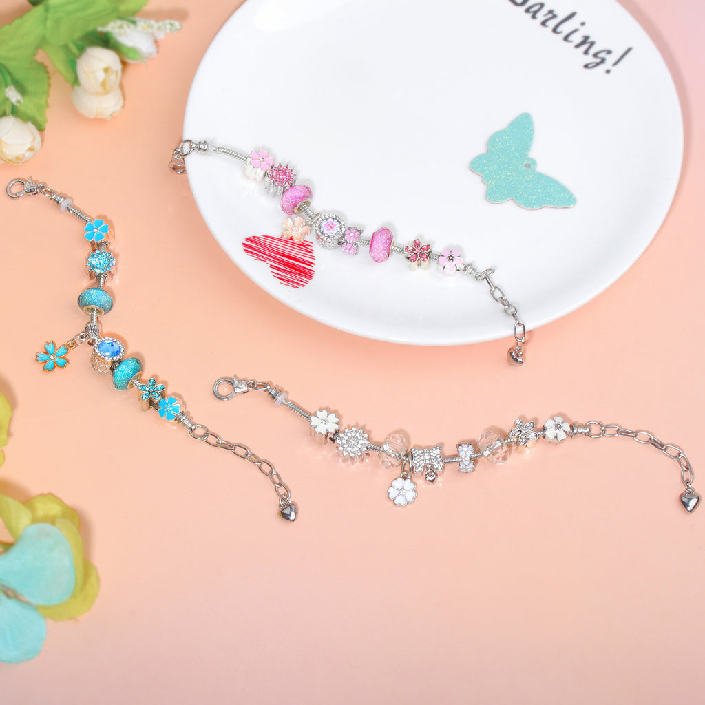 Blue Magnolia Alloy Bracelet with Rhinestones & Glaze Beads(17cm)