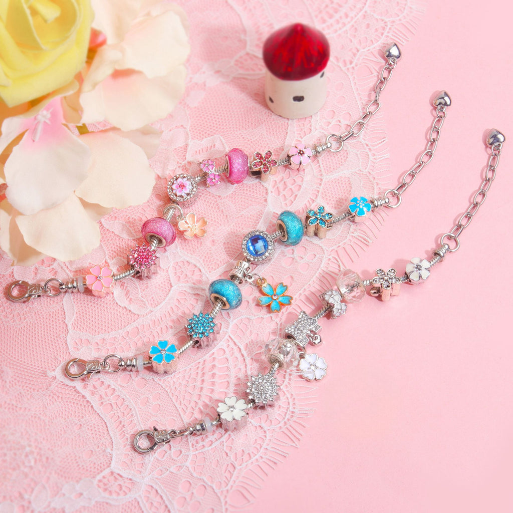 Blue Magnolia Alloy Bracelet with Rhinestones & Glaze Beads(19cm)