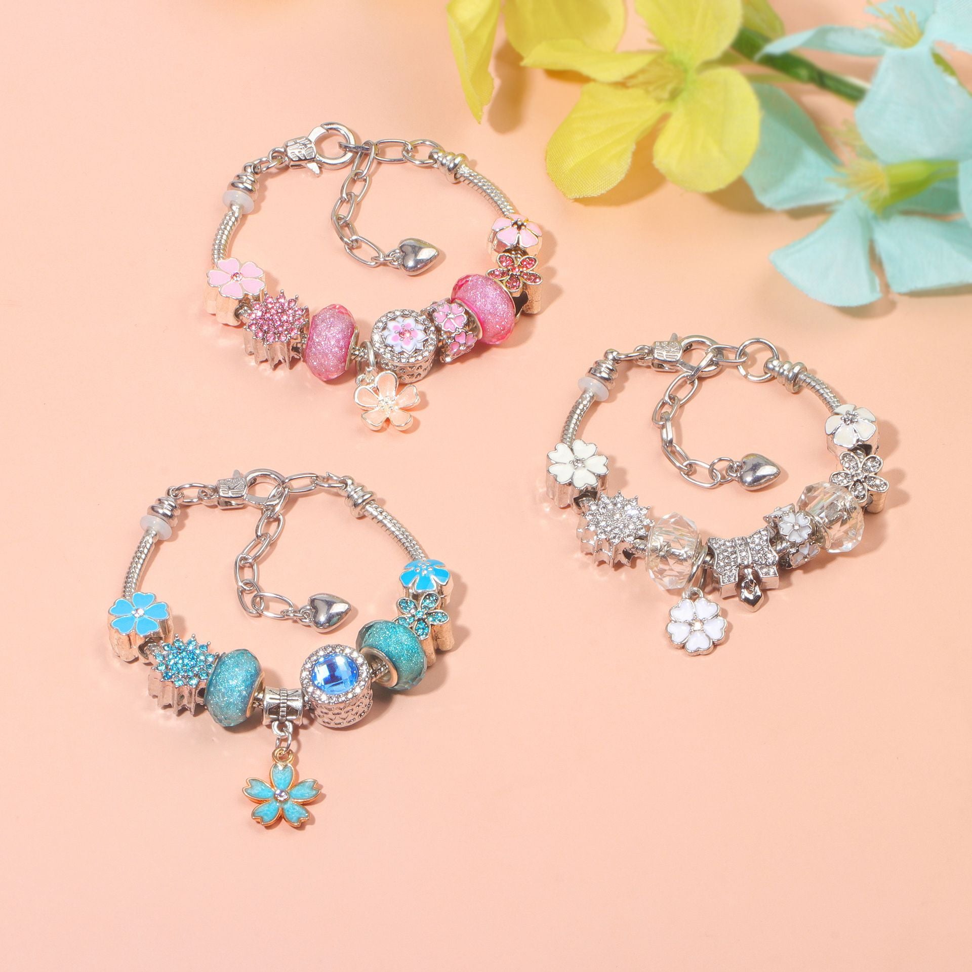 Blue Magnolia Alloy Bracelet with Rhinestones & Glaze Beads(21cm)