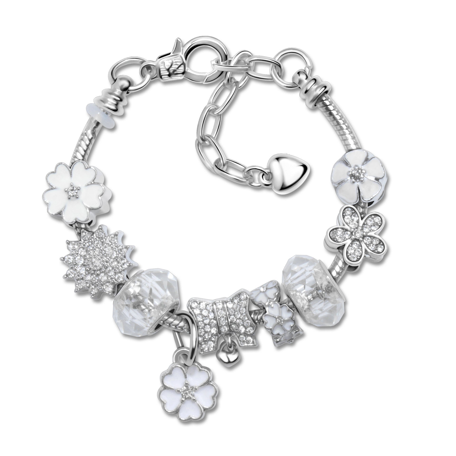Alloy Bracelet with Rhinestone, Glass Beads & White Magnolia Pendant(16cm)