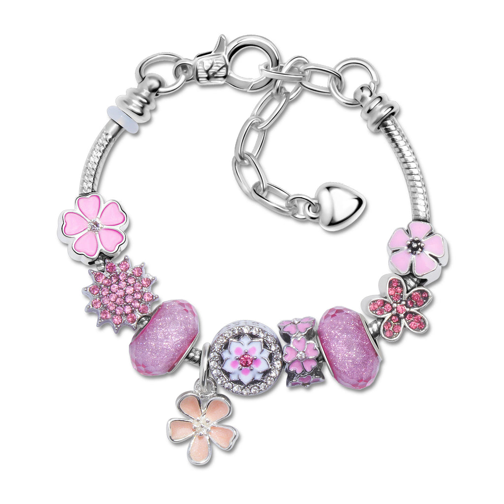 Pink Rhinestone Glass Enamel Bead Bracelet with Magnolia Pendant(21cm)