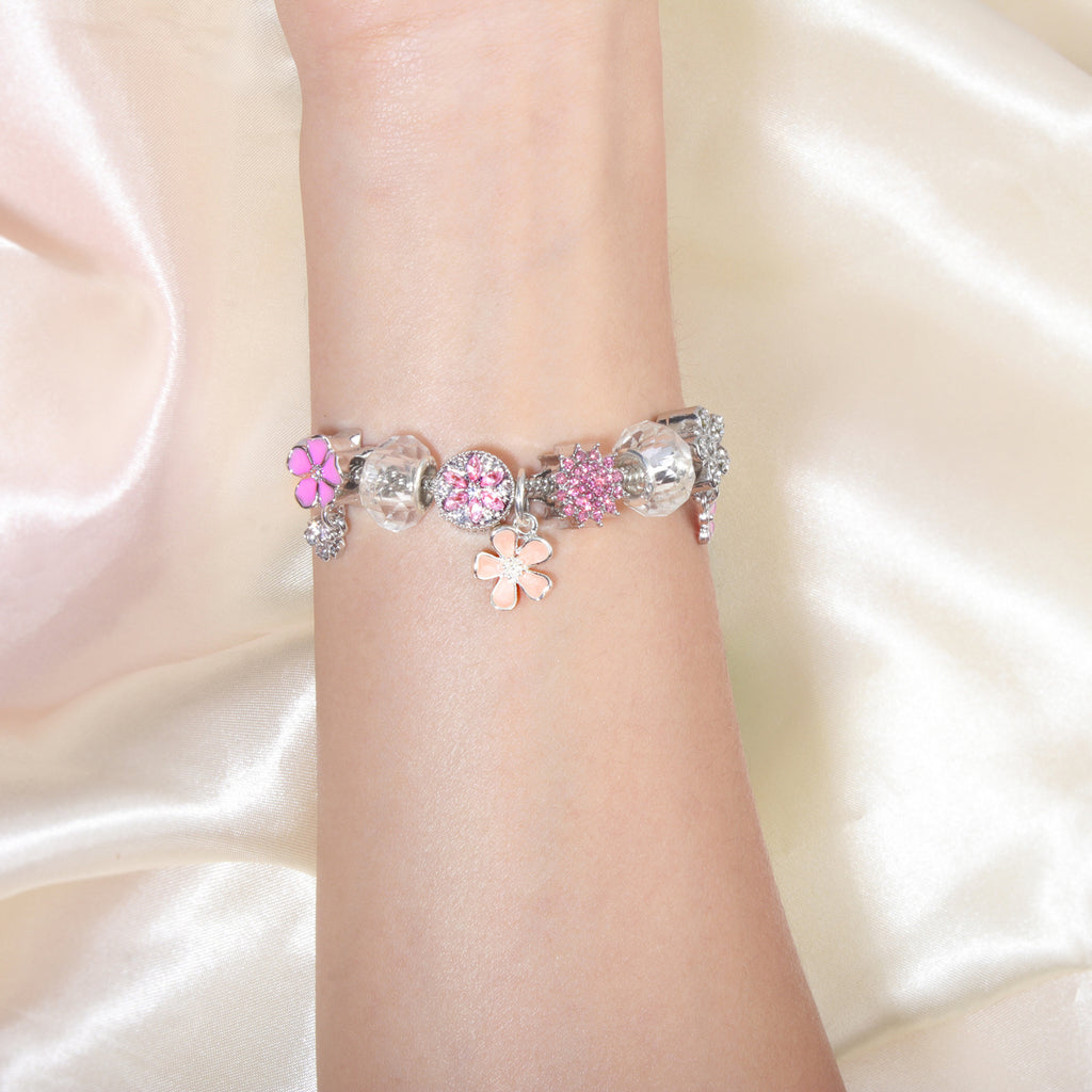Pink Rhinestone Glass Enamel Bead Bracelet with Magnolia Pendant(21cm)