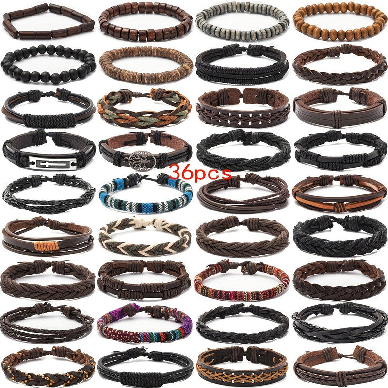 Men's Vintage PU Leather Bracelet Set - 36-Piece Multi-Style Collection - Bens Market Place