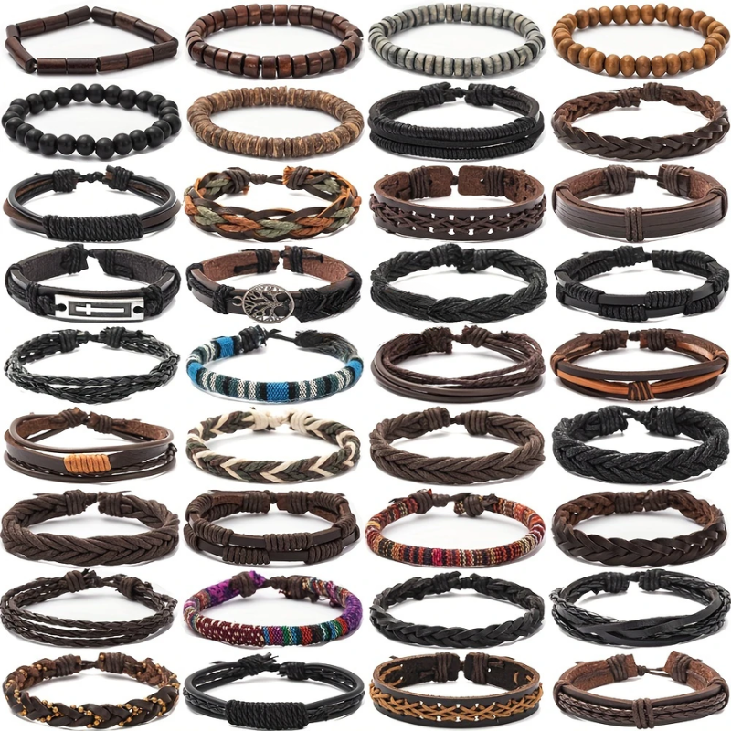 Men's Vintage PU Leather Bracelet Set - 36-Piece Multi-Style Collection - Bens Market Place