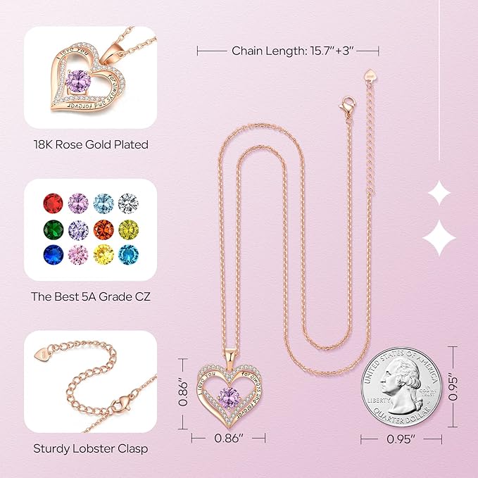 18K Rose Gold Necklaces for Women, 925 Sterling Silver Gifts for Mothers Day, Jewelry for Wife Mom Her Girlfriend, Birthstone Diamond Necklace for Birthday Anniversary, Heart Pendant Jewelry-FEB