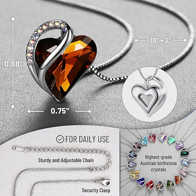 Infinity Love Heart Necklace, Birthstone Necklace for Women, Jewelry for Women with Healing Crystals, Allergy Free Pendant Necklace-15-Stress Relief-Dark Topaz Brown