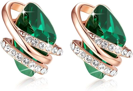 Infinity Love Heart Birthstone Earrings for Women, Crystal Stud Earrings with Healing Stones, Allergy-Free Jewelry for Women with Gift Box, Silver-tone Birthstone Crystals Earrings-05-May Birthstone-Emerald Green