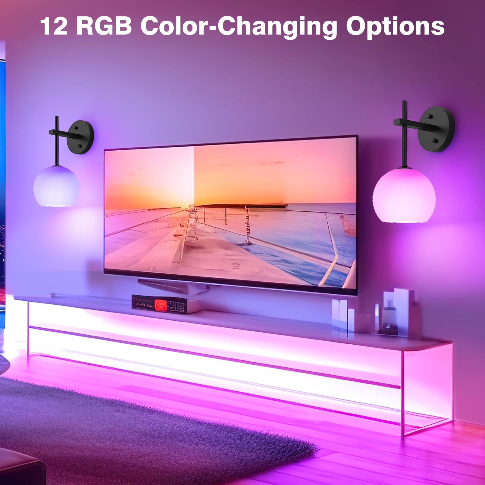 Wall Sconces Set of Two, Wireless Battery Operated Wall Decor with Remote, Sconces Wall Lighting with Glass Shade, Upward and Downward Installation, 12 RGB Colors and 3 CCT Options