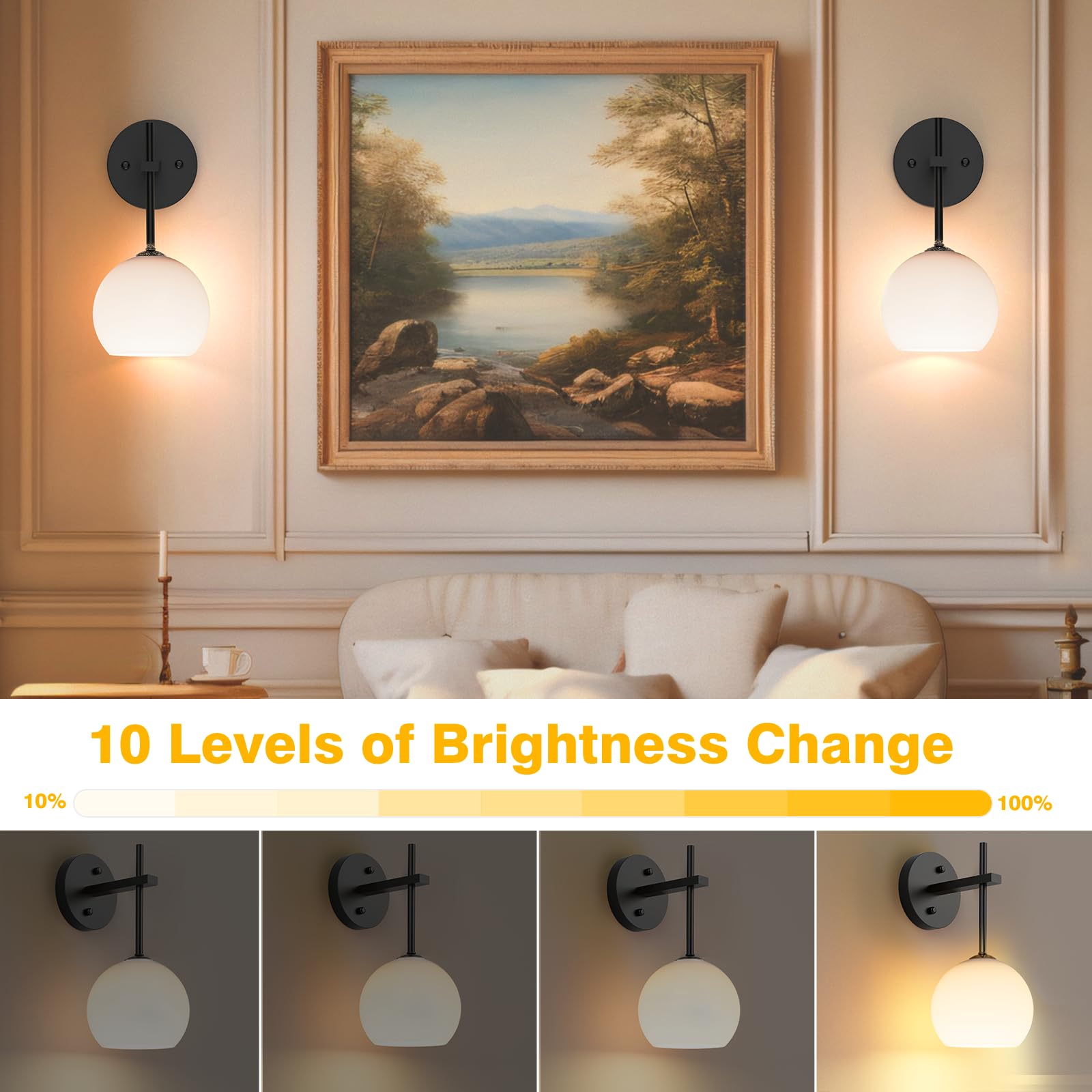 Wall Sconces Set of Two, Wireless Battery Operated Wall Decor with Remote, Sconces Wall Lighting with Glass Shade, Upward and Downward Installation, 12 RGB Colors and 3 CCT Options