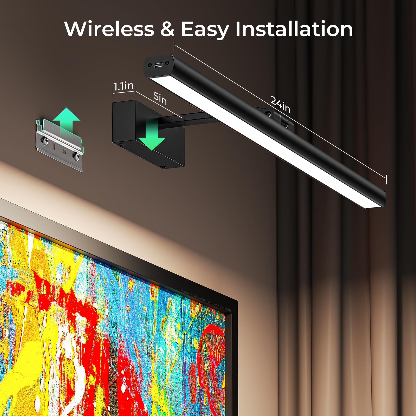 Wireless Picture Lights for Wall, Battery Operated Wall Light for Painting Rechargeable CCT Rotatable Art Gallery Light with Remote Dimmable Timer for Artwork Frame Display Dartboard (Black, 16inch)