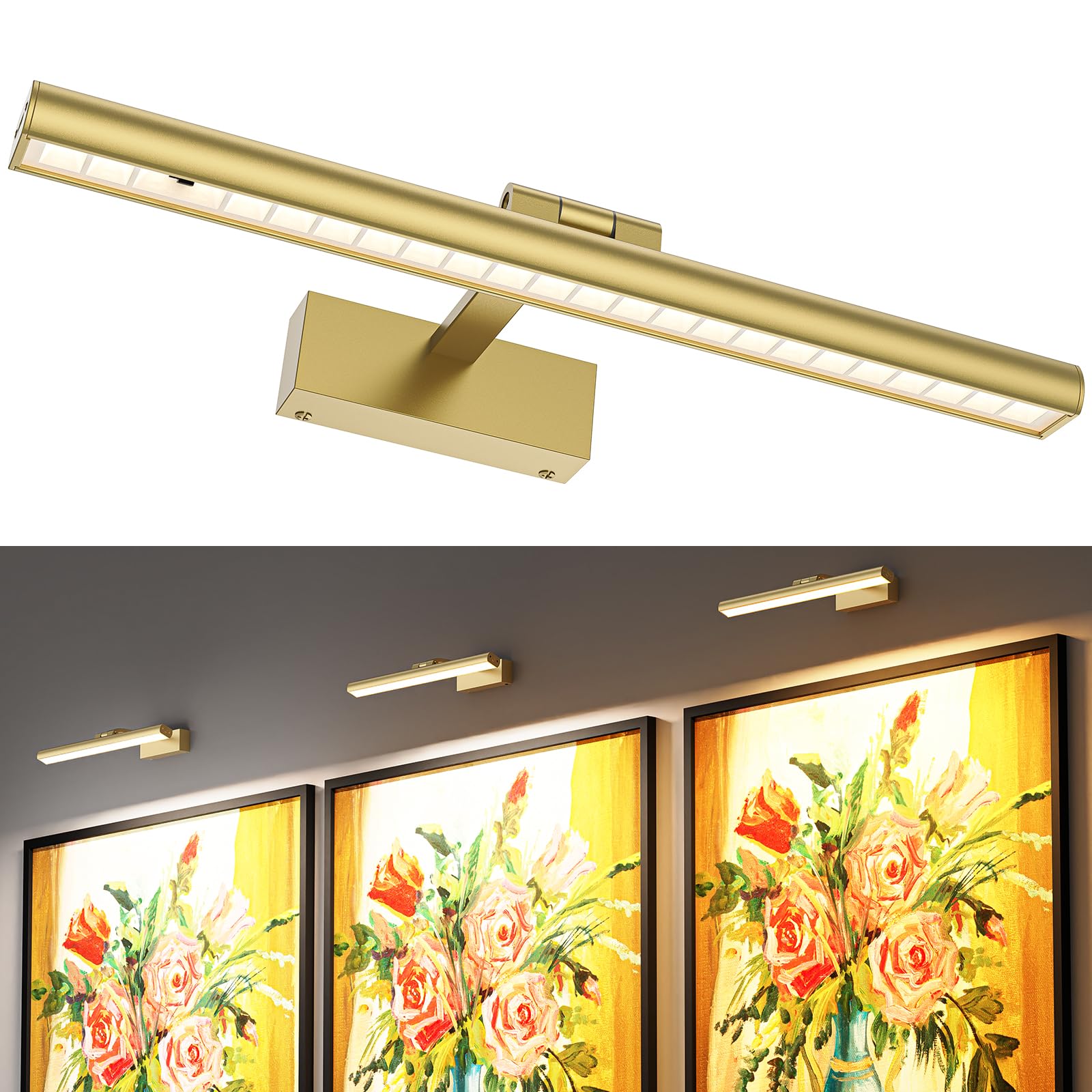 Wireless Picture Lights for Wall, Battery Operated Wall Light for Painting Rechargeable CCT Rotatable Art Gallery Light with Remote Dimmable Timer for Artwork Frame Display Dartboard (Gold, 16inch)