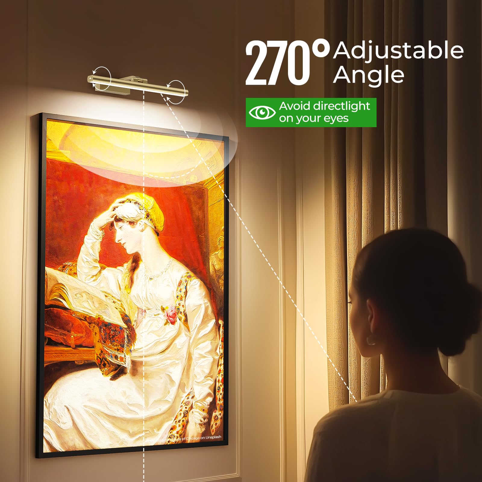 Wireless Picture Lights for Wall, Battery Operated Wall Light for Painting Rechargeable CCT Rotatable Art Gallery Light with Remote Dimmable Timer for Artwork Frame Display Dartboard (Gold, 16inch)