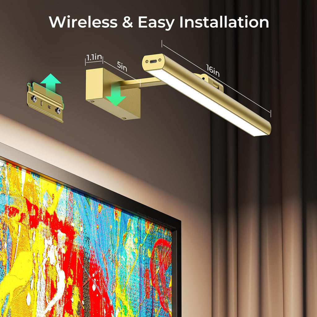 Wireless Picture Lights for Wall, Battery Operated Wall Light for Painting Rechargeable CCT Rotatable Art Gallery Light with Remote Dimmable Timer for Artwork Frame Display Dartboard (Gold, 16inch)