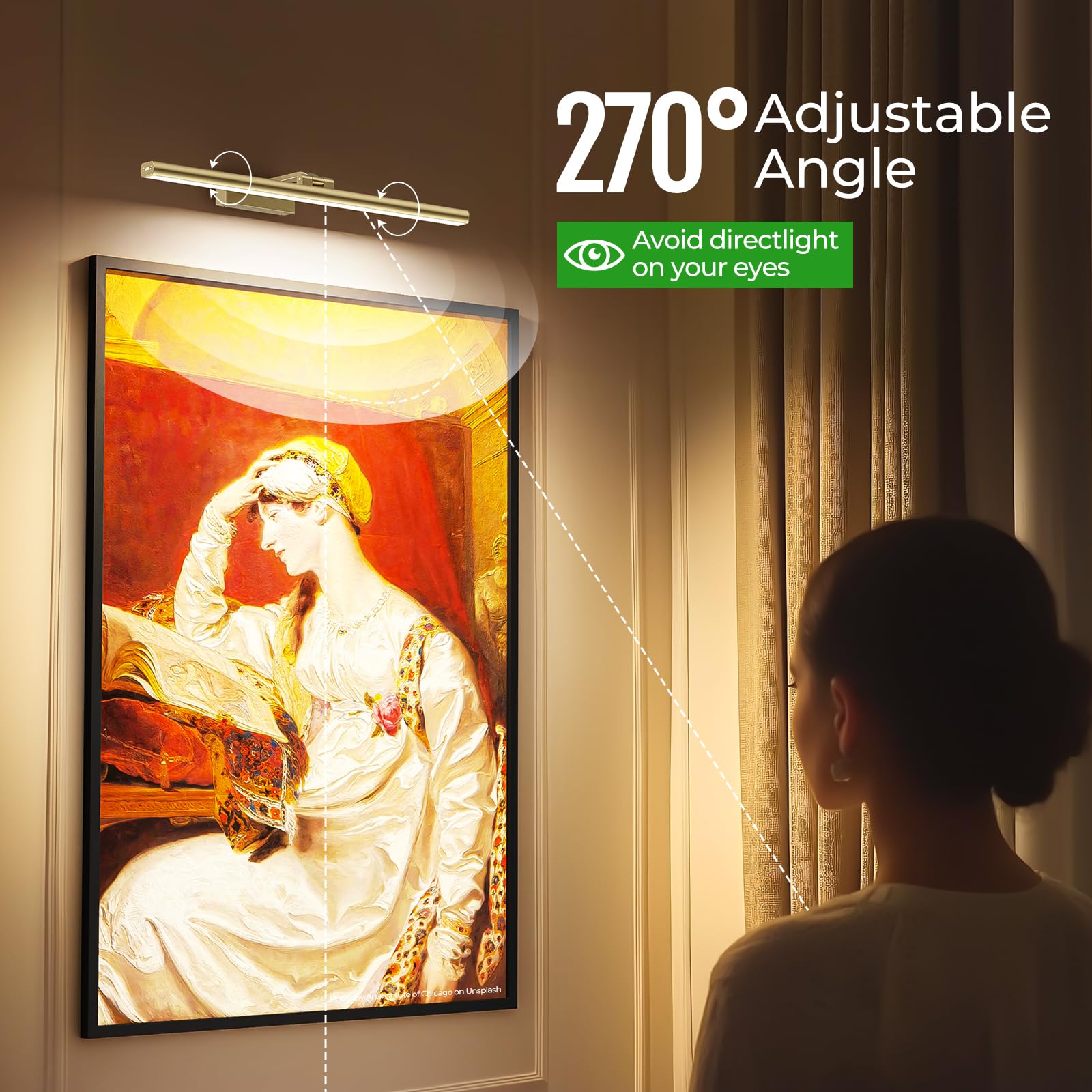 Wireless Picture Lights for Wall, Battery Operated Wall Light for Painting Rechargeable CCT Rotatable Art Gallery Light with Remote Dimmable Timer for Artwork Frame Display Dartboard (Gold, 24inch)