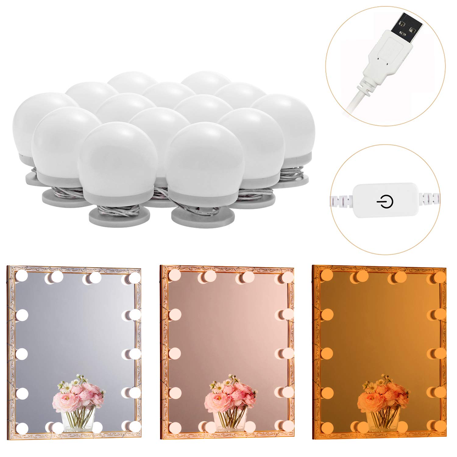 LED Makeup Vanity Lights with 14 Dimmable Light Bulbs, Hollywood Style Cosmetic Mirror Lights, USB Cable, 3 Color Modes for Dressing Room Tabletop Bedroom