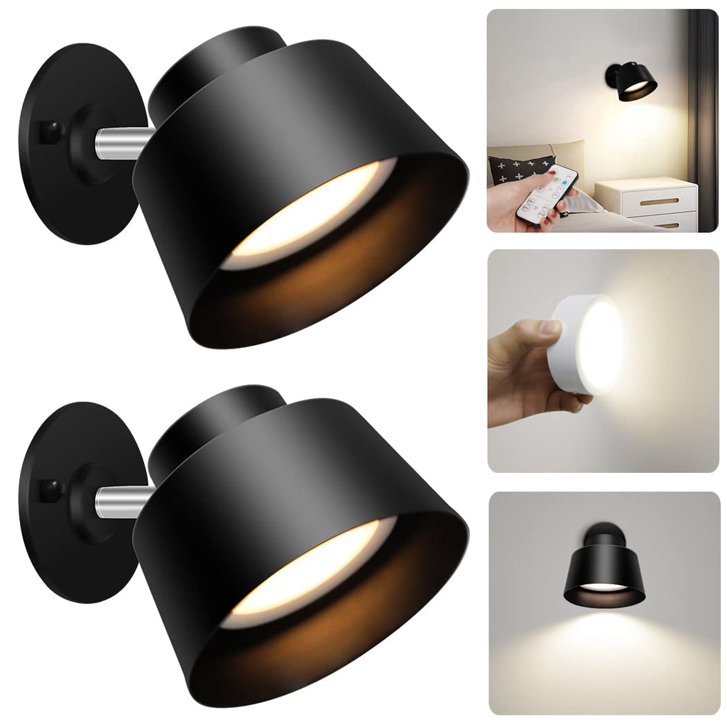 Night Light Wireless Wall Light Indoor LED 2 Pack,Battery Operated Wall Lights Rechargeable Lamp with Remote,Touch Lamp Dimmable Wall Sconces Bedside Lamp for Bedroom Livingroom (Black, 2Pack) [Energy Class E]