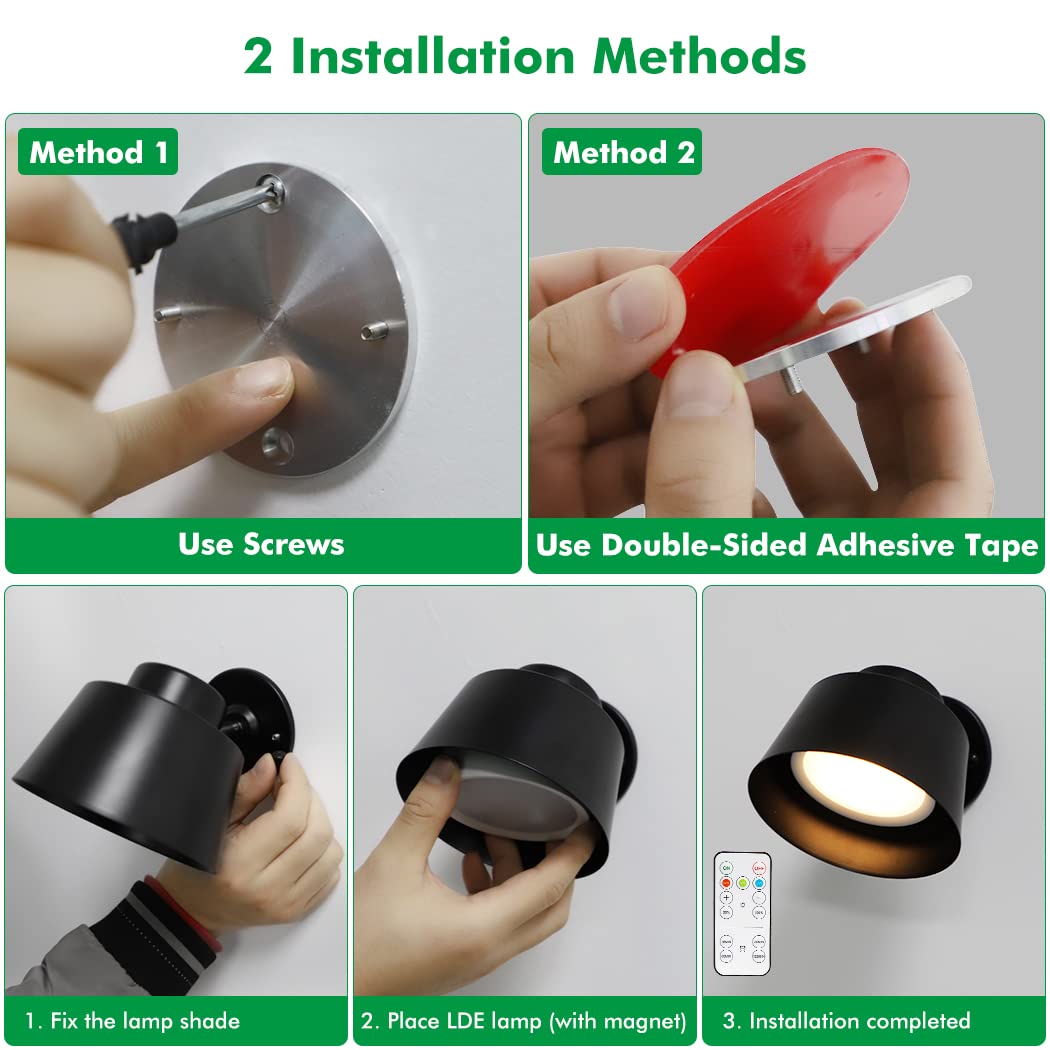 Night Light Wireless Wall Light Indoor LED 2 Pack,Battery Operated Wall Lights Rechargeable Lamp with Remote,Touch Lamp Dimmable Wall Sconces Bedside Lamp for Bedroom Livingroom (Black, 2Pack) [Energy Class E]