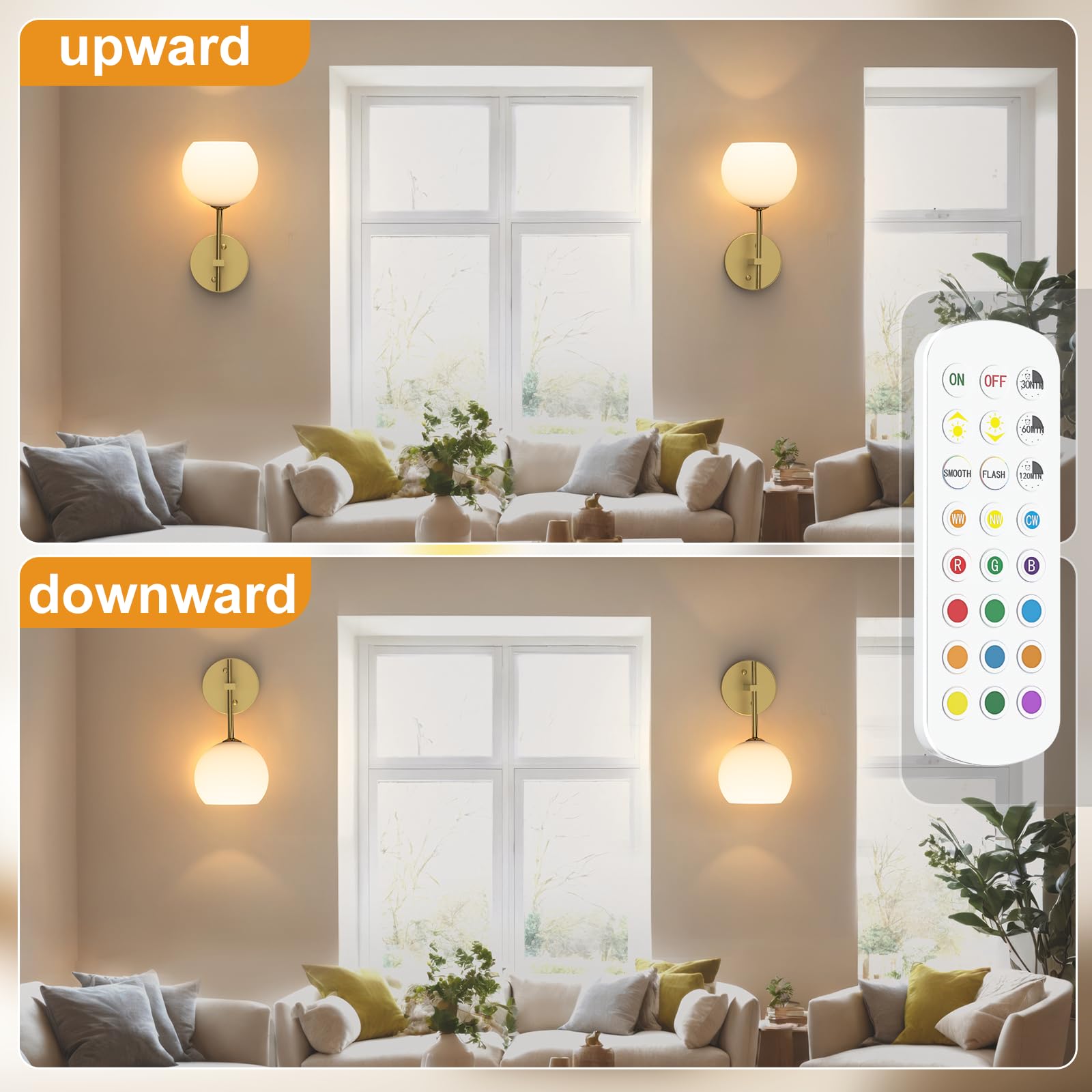Rechargeable Wall Light Indoor,Battery Operated Wall Lamp with Remote,Indoor Wall Light with 3 Color Modes and RGB,Frosted Glass Wall Mounted Lamp for Living Room Bedrooms 2 Pack (Gold)