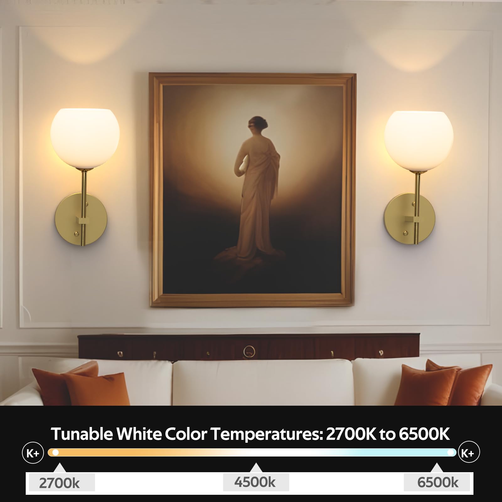 Rechargeable Wall Light Indoor,Battery Operated Wall Lamp with Remote,Indoor Wall Light with 3 Color Modes and RGB,Frosted Glass Wall Mounted Lamp for Living Room Bedrooms 2 Pack (Gold)