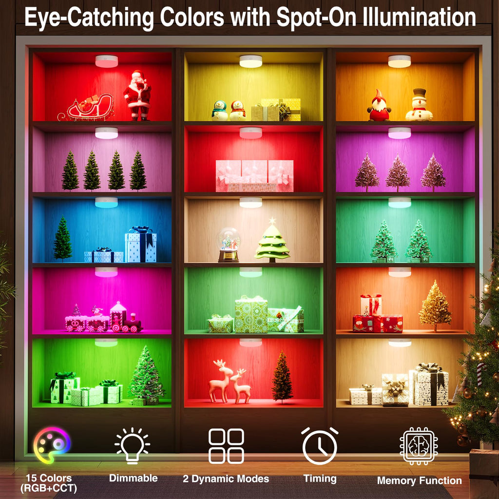 Puck Lights with Remote Control, 4-Pack Wireless Stick On Lights for Under Cabinet, Closet, Bedroom, Staircase & Bookshelf, 3000mAh Battery Operated Color Changing Lighting (RGB&CCT)