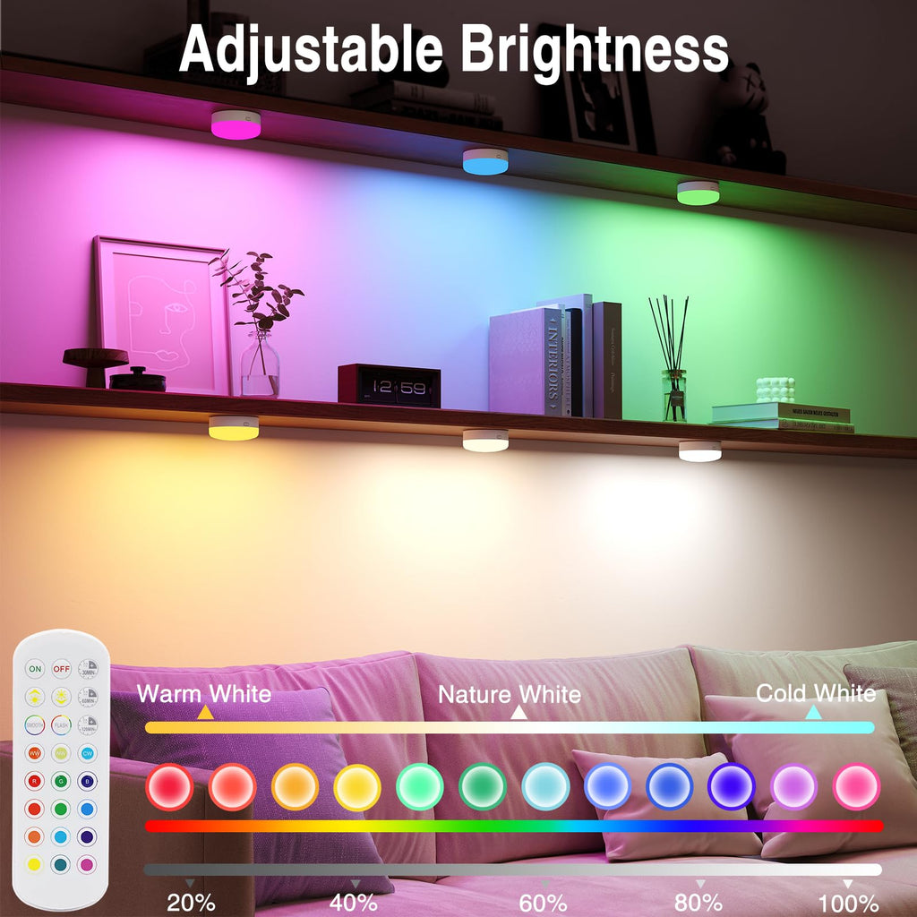 Puck Lights with Remote Control, 4-Pack Wireless Stick On Lights for Under Cabinet, Closet, Bedroom, Staircase & Bookshelf, 3000mAh Battery Operated Color Changing Lighting (RGB&CCT)