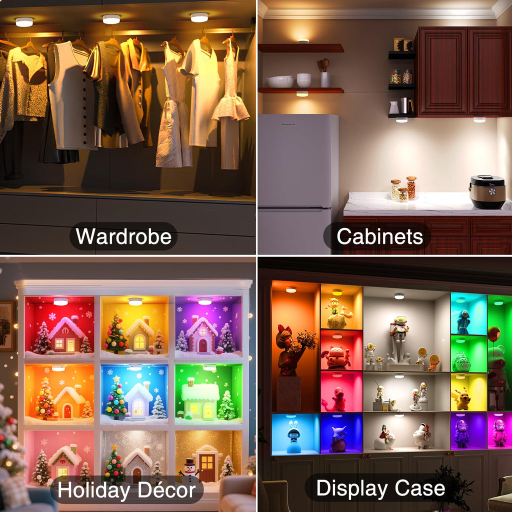 Puck Lights with Remote Control, 4-Pack Wireless Stick On Lights for Under Cabinet, Closet, Bedroom, Staircase & Bookshelf, 3000mAh Battery Operated Color Changing Lighting (RGB&CCT)