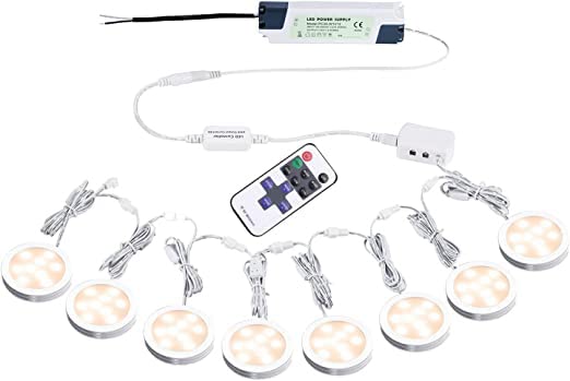 Linkable Under Cabinet LED Lighting 12V Dimmable Puck Lights Hardwired with Wireless RF Remote Control for Kitchen Mood Lighting(8 Lights, Warm White)