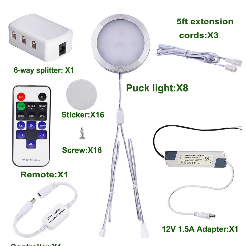 Linkable Under Cabinet LED Lighting 12V Dimmable Puck Lights Hardwired with Wireless RF Remote Control for Kitchen Mood Lighting(8 Lights, Warm White)