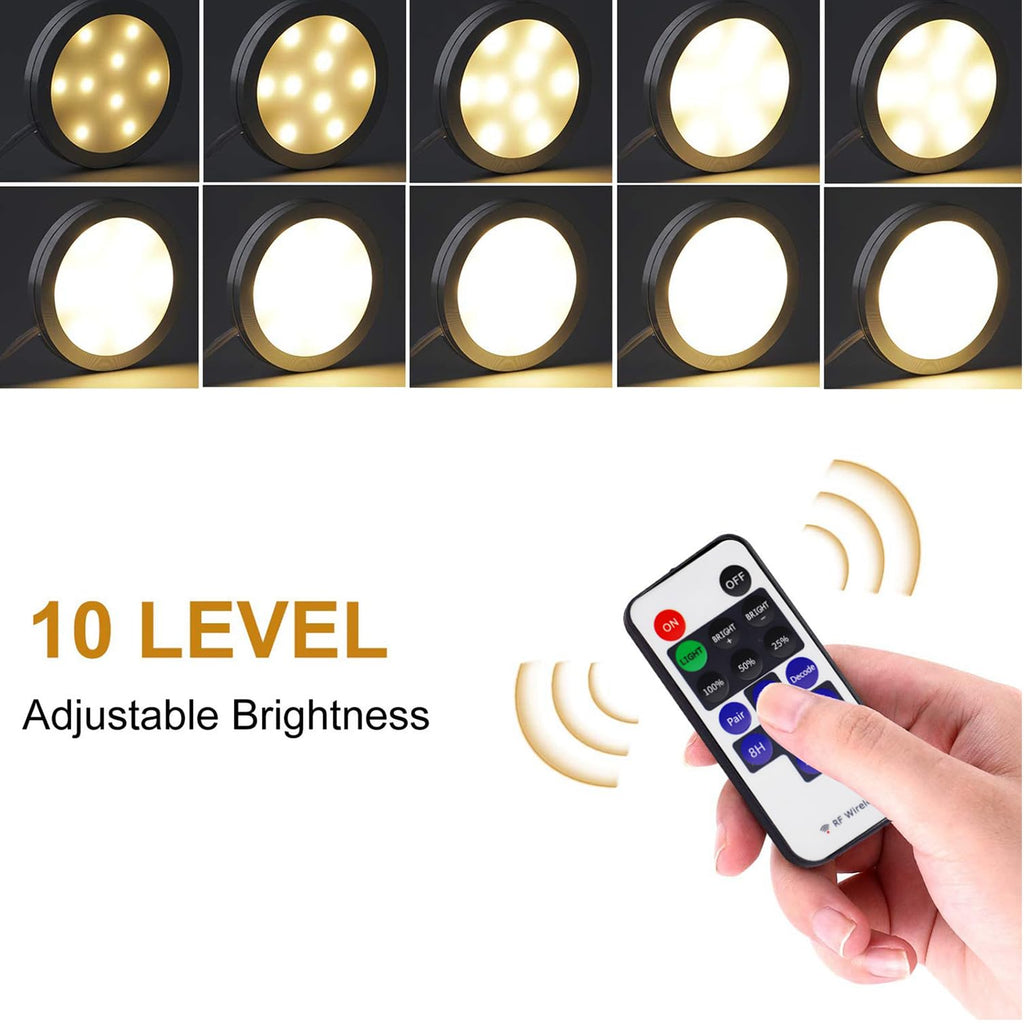 Linkable Under Cabinet LED Lighting 12V Dimmable Puck Lights Hardwired with Wireless RF Remote Control for Kitchen Mood Lighting(4 Lights, Warm White)