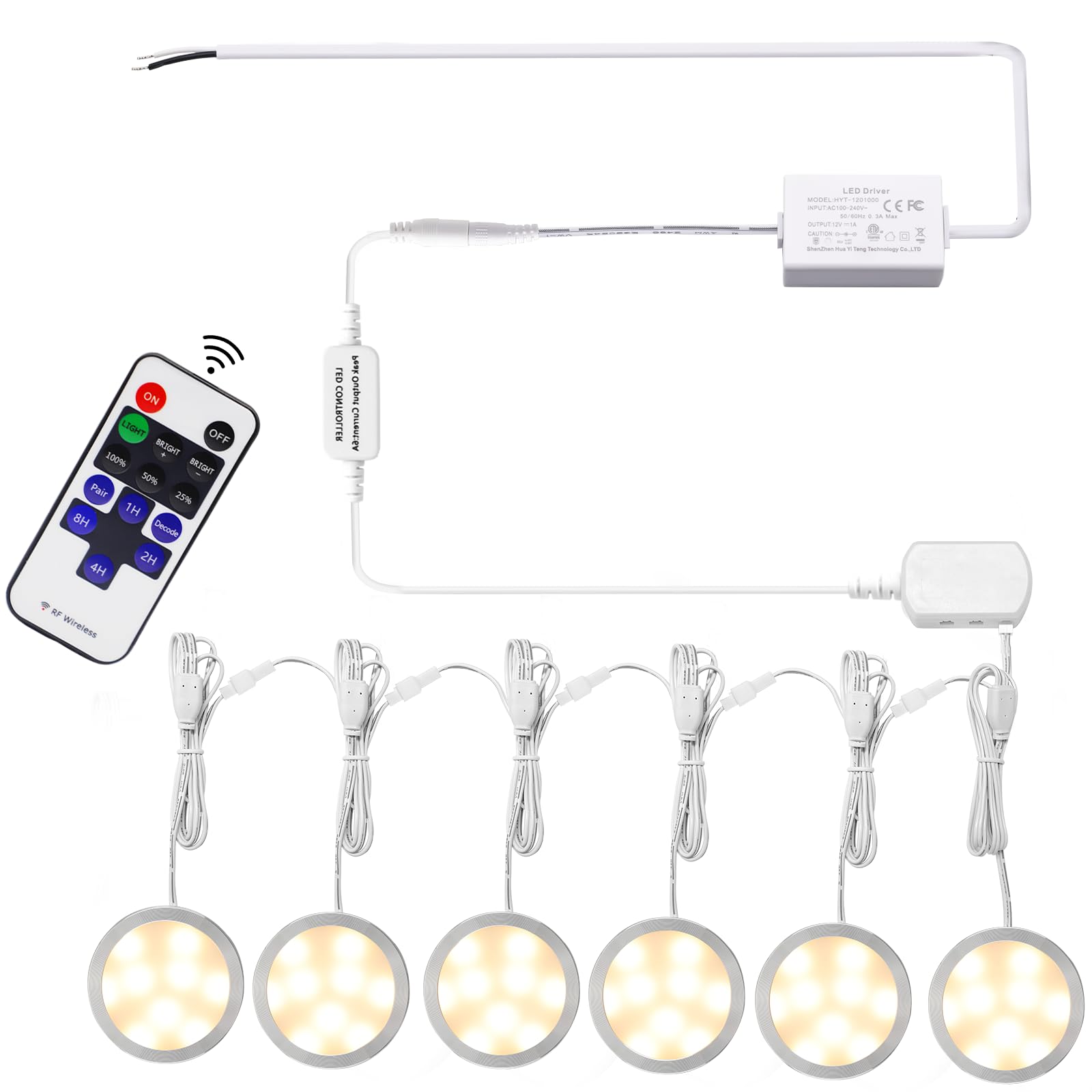 Linkable Under Cabinet LED Lighting 12V Dimmable Puck Lights Hardwired with Wireless RF Remote Control for Kitchen Mood Lighting(6 Lights, Warm White)