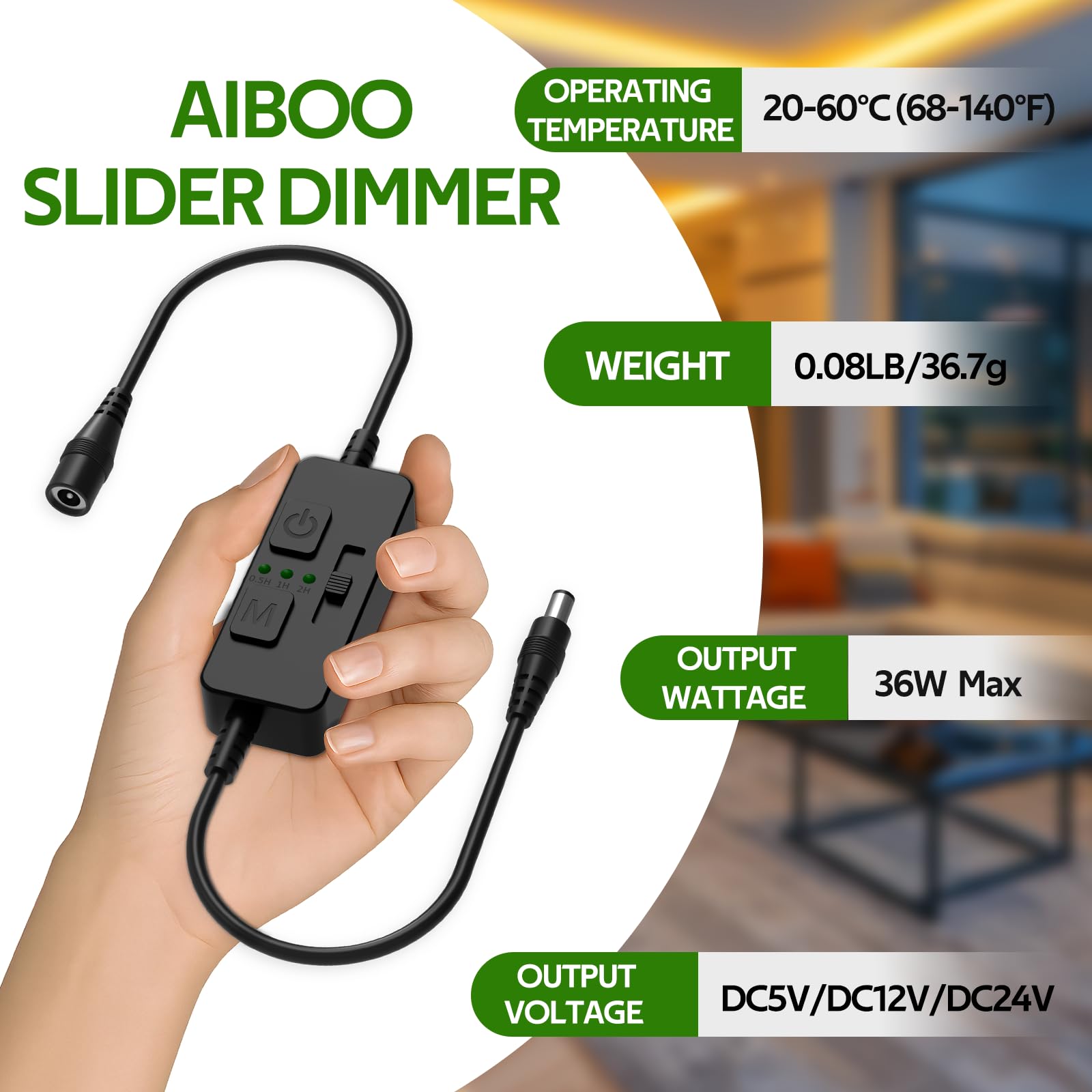 Single Color Slider Dimmer with Timer - PWM 1pc DC 5V/12V/24V LED Controller, 36W Max, Slide Brightness Control & Auto-Off for LED Strip Lights, Closet, Counter, Aquarium Lighting (Black)