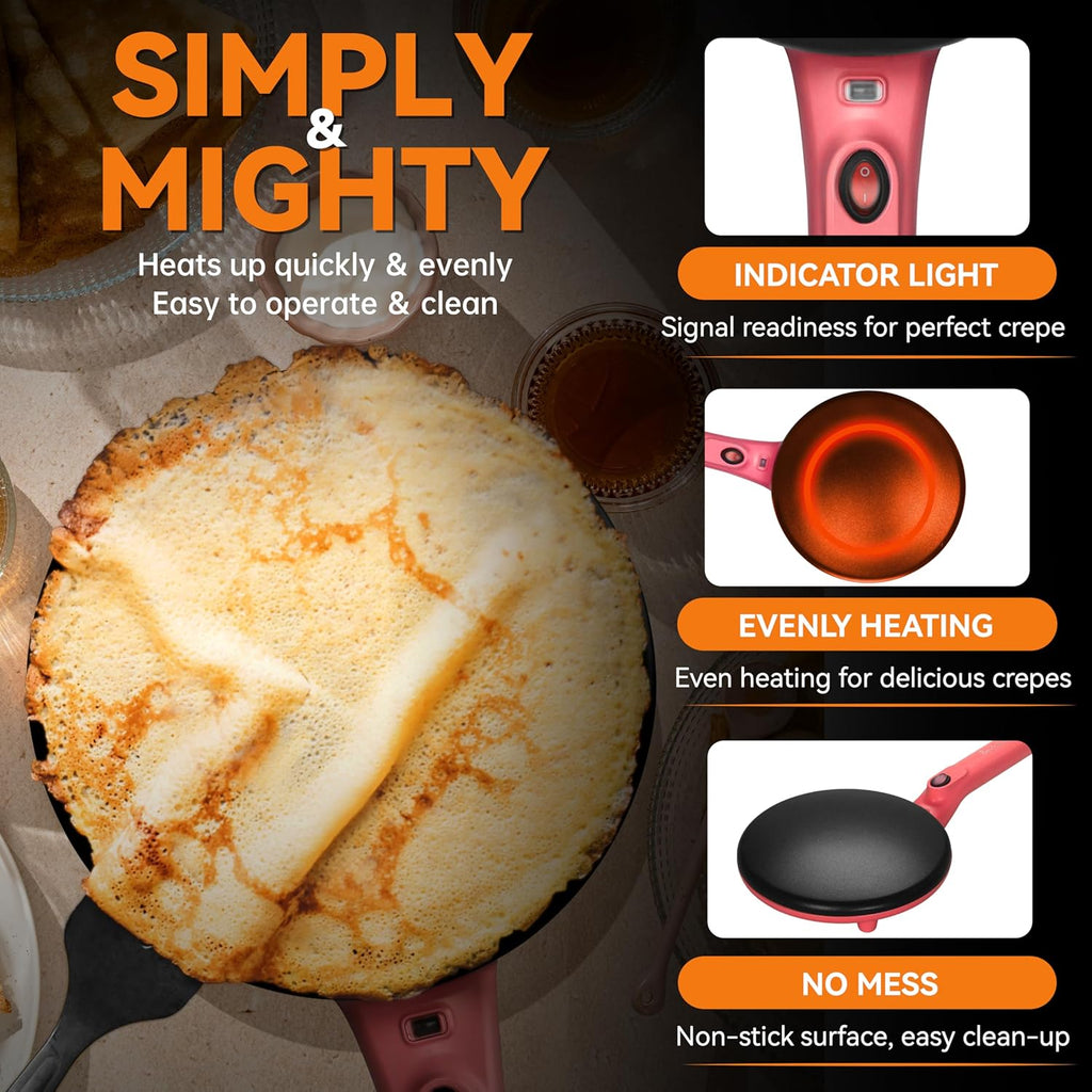 Electric Crepe Maker, 8-Inch Portable Nonstick Crepe Machine with Handle, Compact Household Pancake & Tortilla Maker for Eggs, Crepes, Blintzes, and Wraps