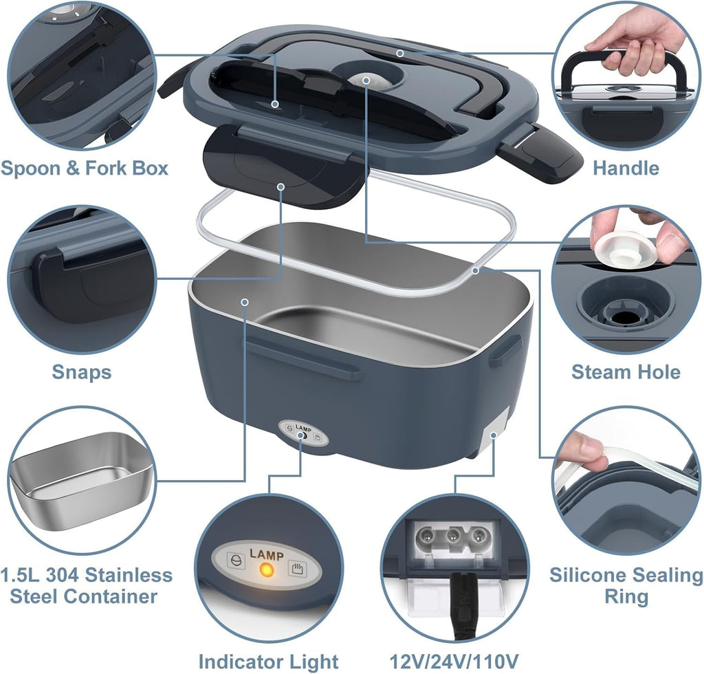 Electric Heated Lunch Box for Men/Women Home 80W Portable Food Warmer with 110V-250V Stainless Steel Leakproof Container for Work Travel Jobsite Camping Christmas White Elephant Gifts