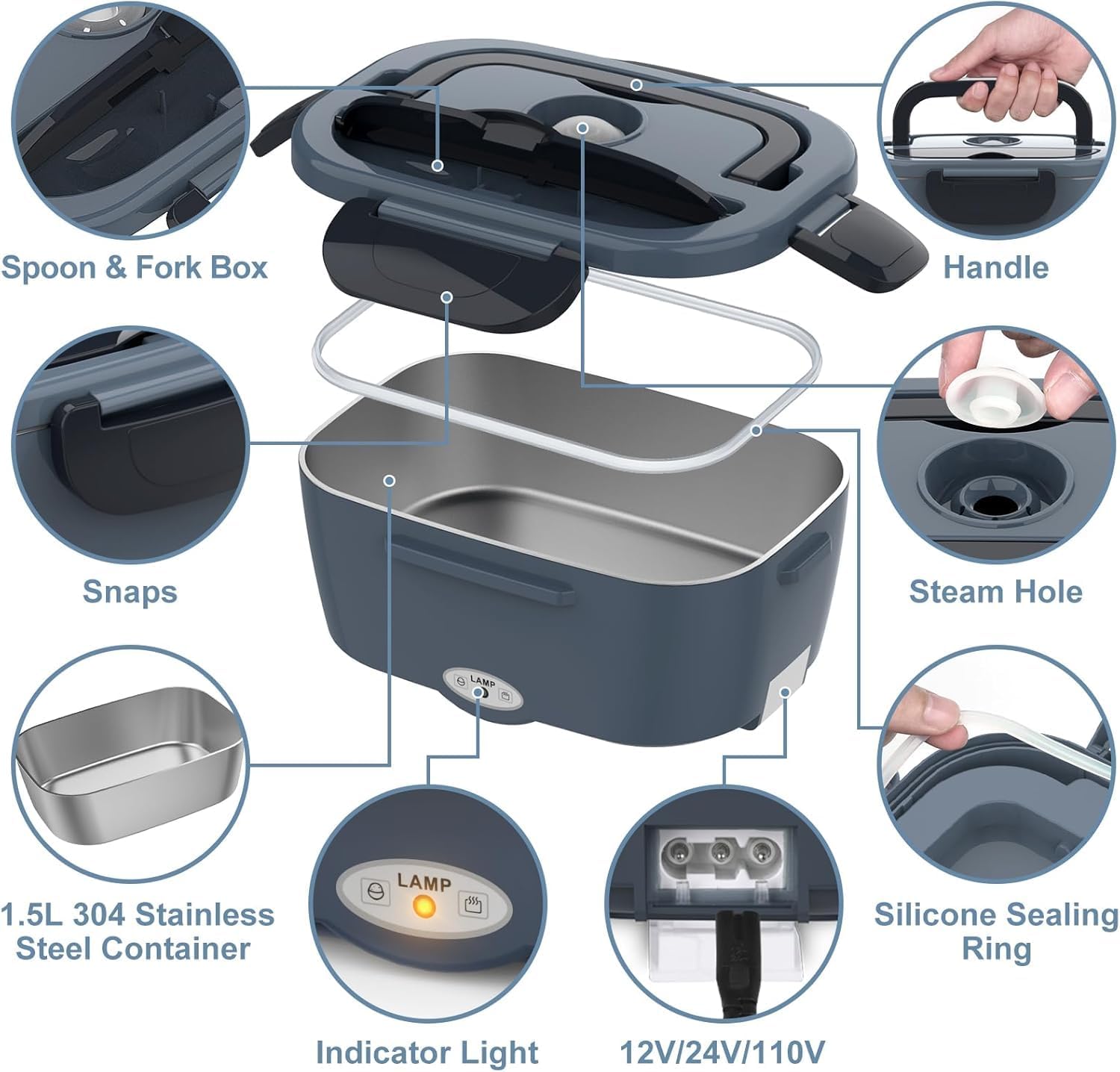 Electric Heated Lunch Box for Men/Women Home 80W Portable Food Warmer with 110V-250V Stainless Steel Leakproof Container for Work Travel Jobsite Camping Christmas White Elephant Gifts