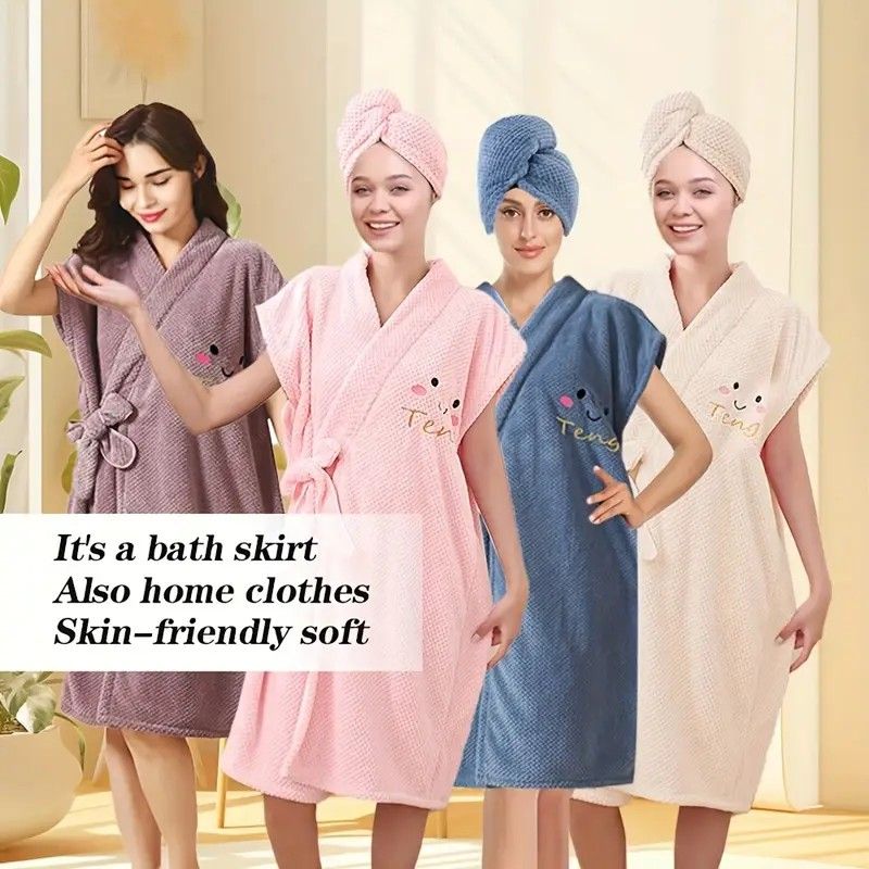 Women's Coral Fleece Pineapple Grid Two-Piece Set | Cloud-Like Touch Adjustable Bath Robe + Hair Towel, Adjustable Tie Belt, Suitable for Daily Home Use(Red bean paste purple)