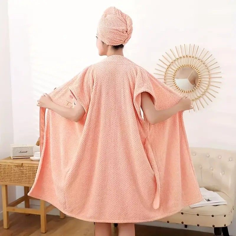 Women's Coral Fleece Pineapple Grid Two-Piece Set | Cloud-Like Touch Adjustable Bath Robe + Hair Towel, Adjustable Tie Belt, Suitable for Daily Home Use(Red bean paste purple)